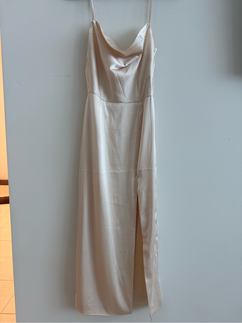 Meshki Ivory Satin Cowl Midi Slip Dress with Side Slit